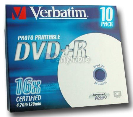 10er Pack Verbatim DVD+R 4,7 GB, 16fach Advanced AZO, PHOTO PRINTABLE, Jewelcase