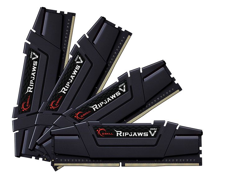 64GB Kit DDR4-RAM, 3600 MHz, G.Skill RipJaws V schwarz, 4 x 16GB, F4-3600C18Q-64GVK, CL18, XMP 2.0, Temperatursensor