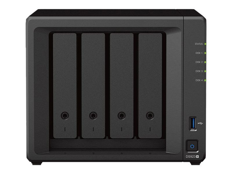 Synology DS923+NAS, 2x USB 3.0, eSATA, 2x Gigabit-LAN, 4x SATA HDD, AMD Ryzen Embedded R1600, 4GB DDR4