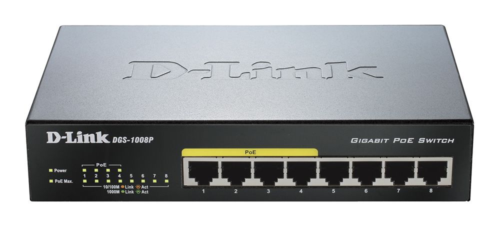 D-Link DGS-10 Desktop Gigabit Switch, 8x RJ-45, PoE+ 4x RJ-45 PoE+ (4x 30W), gesamt: 68W (DGS-1008P/E)