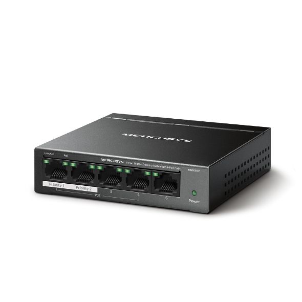 Mercusys Desktop Gigabit Switch, 5 Port mit 4 PoE-Ports, 65W PoE+