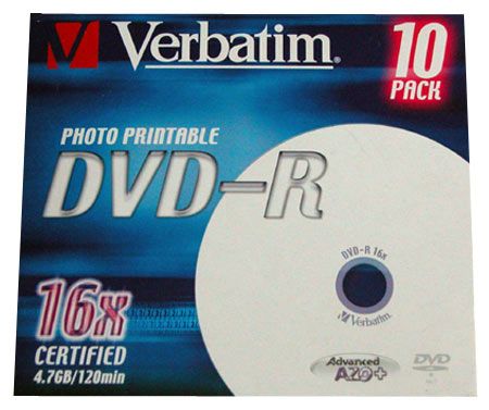 10er Pack Verbatim DVD-R 4,7 GB, 16fach PHOTO PRINTABLE, Jewelcase