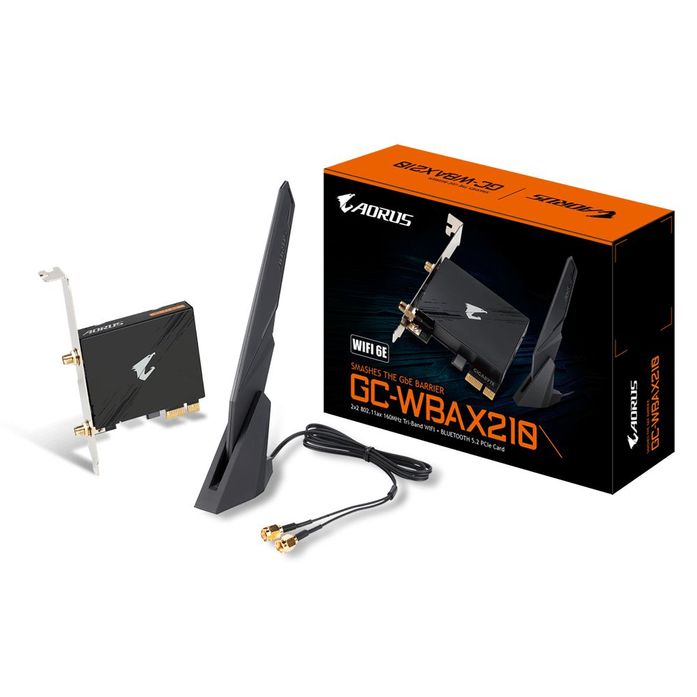 Gigabyte GC-WBAX210, PCIe x1, 2400 MBit, 2.4GHz/5GHz/6GHz, Bluetooth 5.2, 802.11ax (Wi-Fi 6)